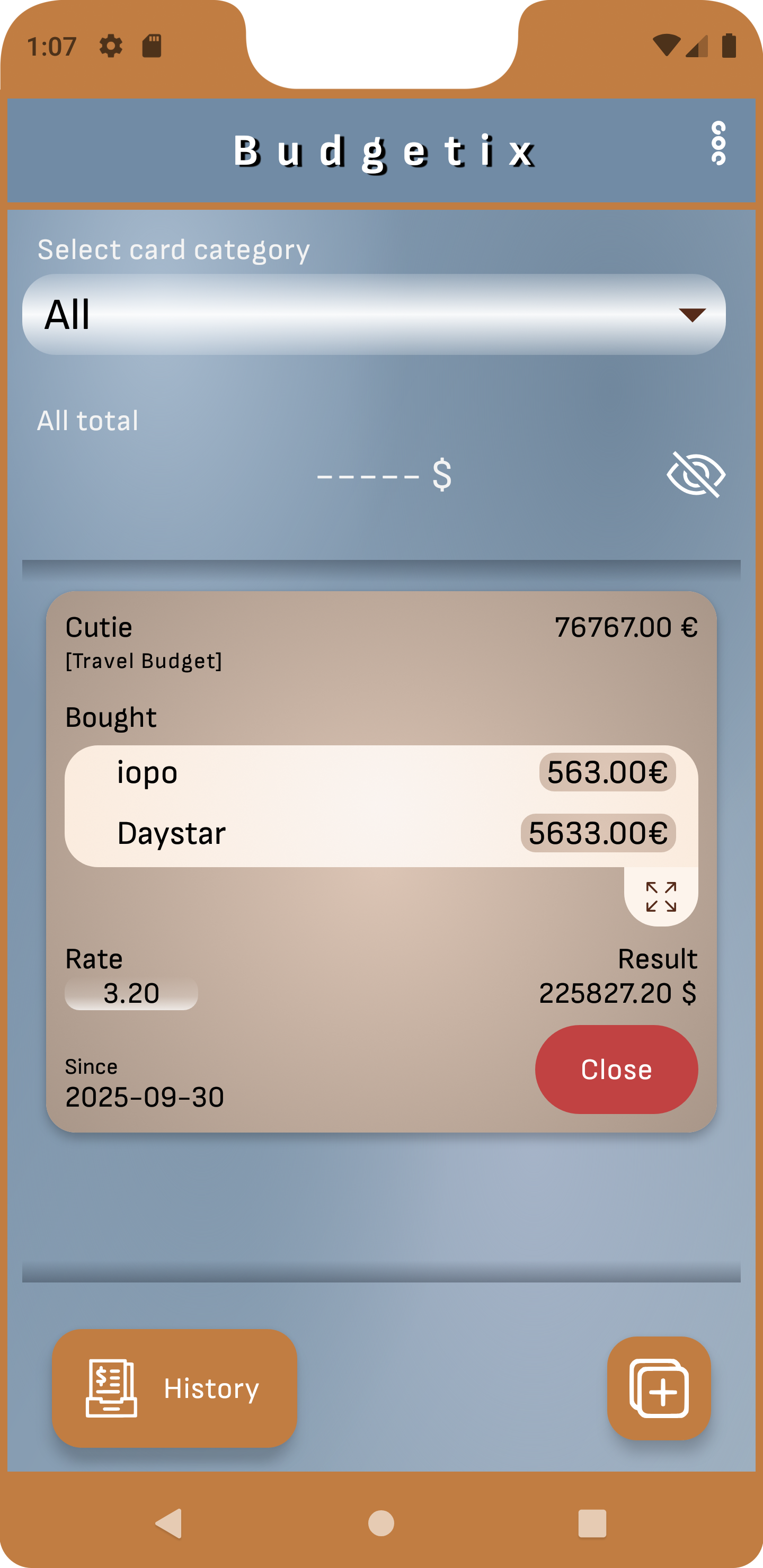 Budgetix home screen with categories and balance
